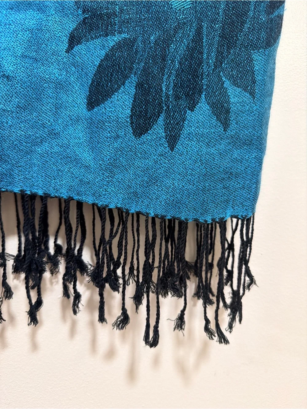 pashmina Teal Blue Jacquard Fringe Wrap